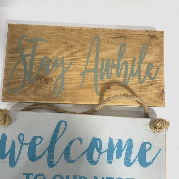 Set of 3 Wooden Signs Wall Hanging Decor Farmhouse Rustic Love Welcome Nest Blue - Picture 2 of 7